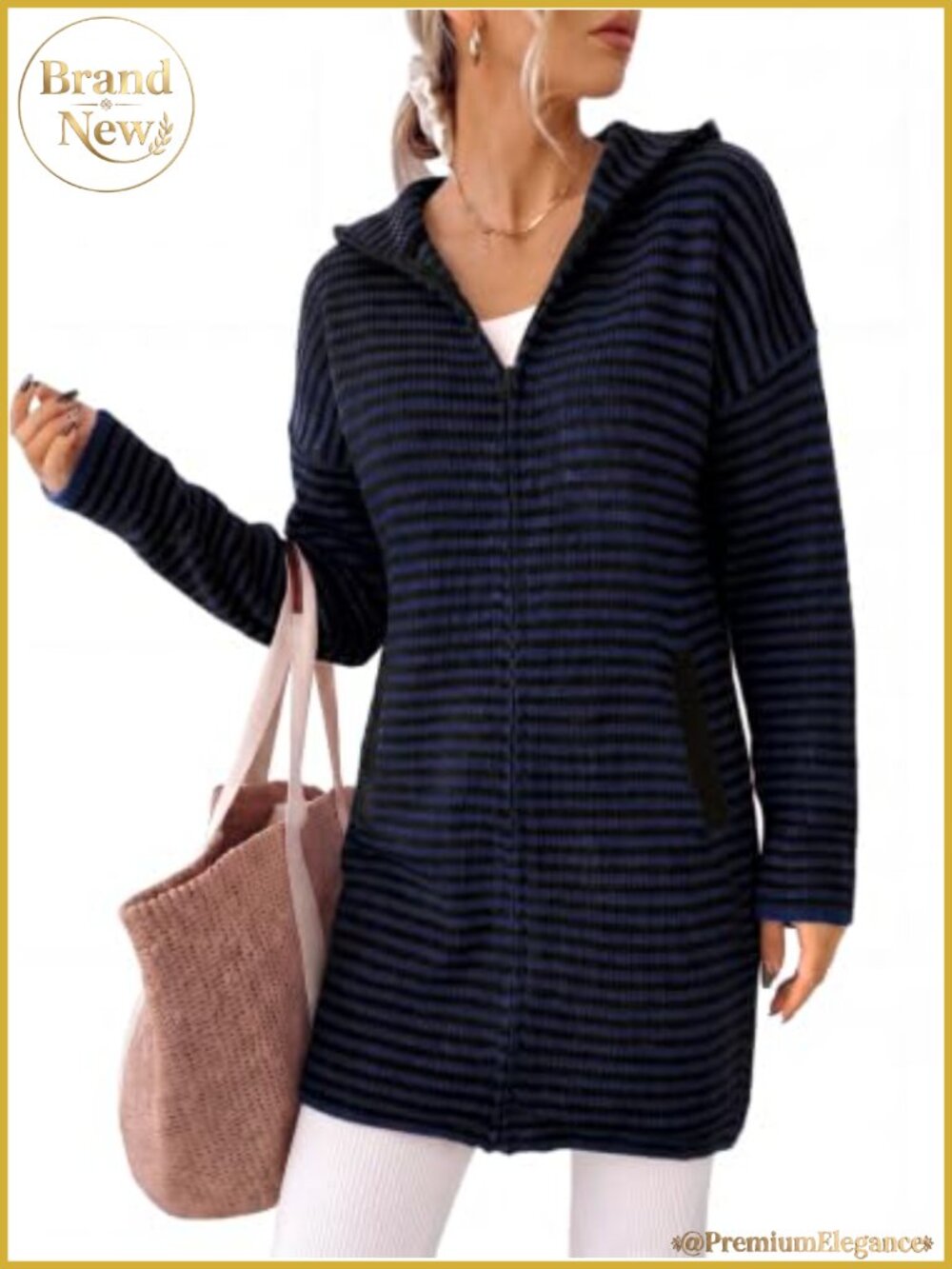 Women's Striped Knit Zip Up Cardigan Sweater Dress with Pockets, Long Sleeve